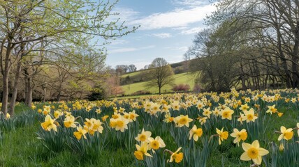 Obraz premium A vibrant field of blooming yellow daffodils under a blue sky, surrounded by lush greenery, creating a serene and cheerful spring atmosphere.