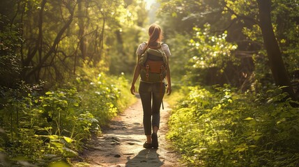 Fototapeta premium A young woman hiking through a forest, with details of the woman's backpack, the trees, and the sunlight filtering through the leaves.