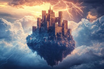 Fototapeta premium Majestic floating city illuminated by golden light amidst stormy clouds.