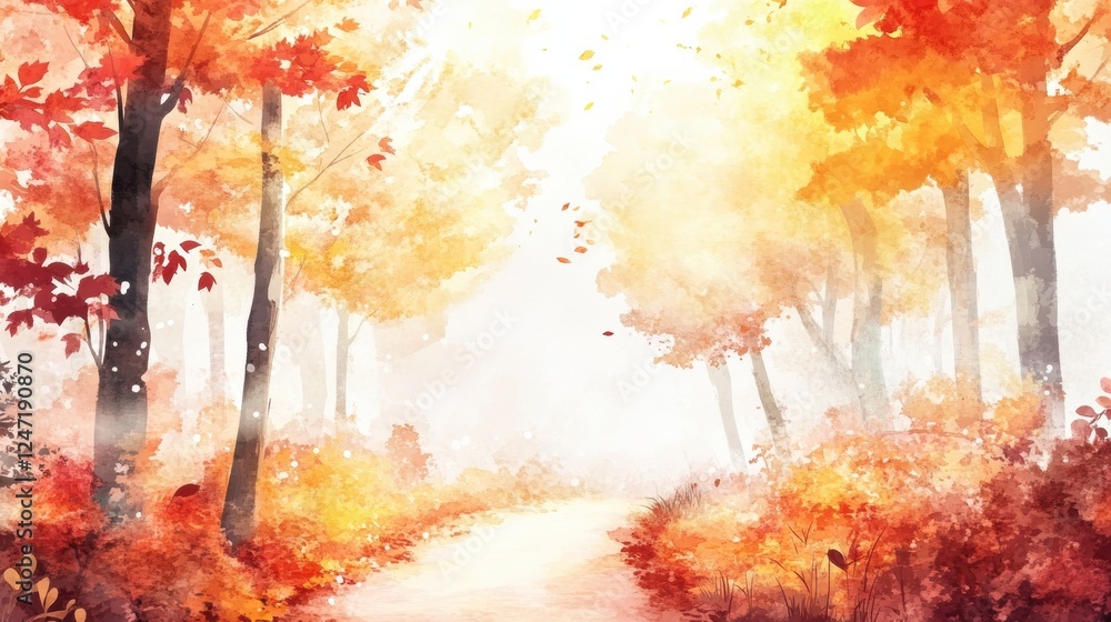 Poster autumn forest path with vibrant orange and yellow foliage inviting peaceful strolls in a serene atmo