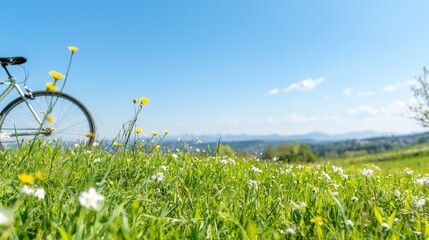 Bicycle in Spring Meadow, Hillside View, Peaceful Ride