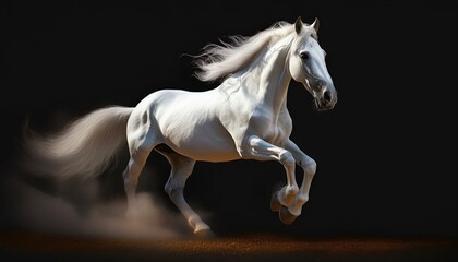 Fototapeta premium Majestic white horse galloping on a dramatic black background.