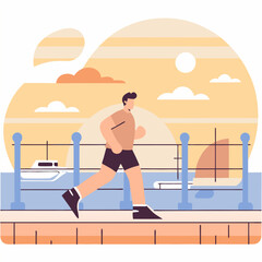 Obraz premium A man jogging by the waterfront. Flat style. Vector illustration.