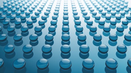 Fototapeta premium A mesmerizing close-up of numerous transparent blue marbles arranged in a grid pattern, reflecting light in a tranquil and symmetrical pattern.