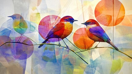 Fototapeta premium Colorful birds perched on branch amidst vibrant abstract background filled with circular patterns