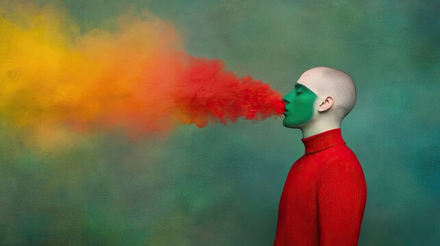 Creative portrait of a person exhaling vibrant colored smoke in a studio setting