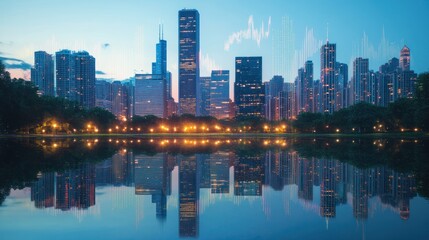 Fototapeta premium Cityscape at dusk reflected in calm water.