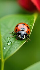 A high-resolution macro photograph of a ladybug exploring a leaf covered in morning dew. The perfect representation of biodiversity, insects, and natural balance