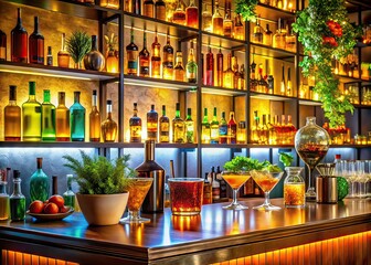 Fototapeta premium Stylish Bar Counter with Cocktails, Colorful Drinks, and Mixology