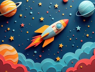 Paper-Cut Rocket Soaring Through a Vibrant Galaxy