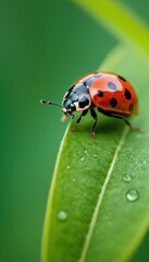 A high-resolution macro photograph of a ladybug exploring a leaf covered in morning dew. The perfect representation of biodiversity, insects, and natural balance