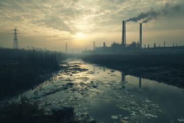 Obraz premium Industrial landscape at dusk with smokestacks and polluted waters under overcast sky