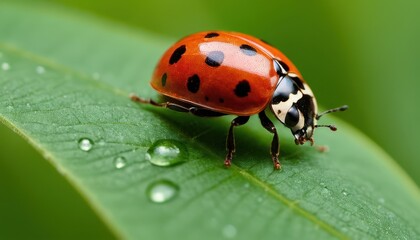 A stunning macro shot of a ladybug on a vibrant green leaf with water droplets. The red shell with black spots contrasts beautifully against the lush background.