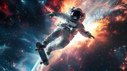An astronaut skateboards in space, combining adventure with a futuristic twist.