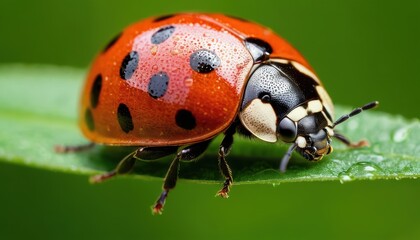 Fototapeta premium A stunning macro shot of a ladybug on a vibrant green leaf with water droplets. The red shell with black spots contrasts beautifully against the lush background.