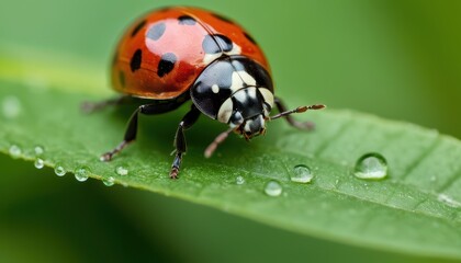 Obraz premium A stunning macro shot of a ladybug on a vibrant green leaf with water droplets. The red shell with black spots contrasts beautifully against the lush background.