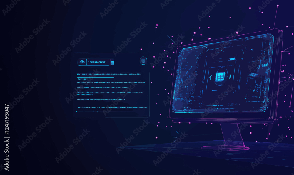 Poster abstract low poly ai computer system with speech interface on blue background