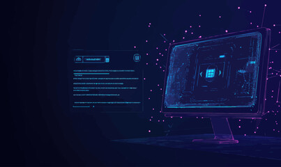 Fototapeta premium Abstract Low Poly AI Computer System with Speech Interface on Blue Background