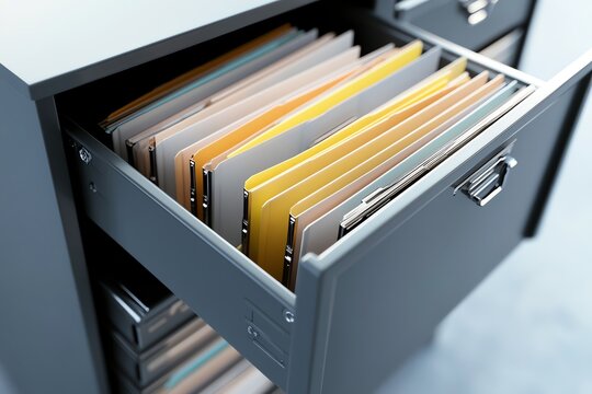 Open file cabinet drawer with organized documents and folders in an office setting.