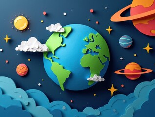 Paper-Cut Planet Earth in a Vibrant Galaxy