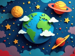 Paper-Cut Planet Earth in a Vibrant Galaxy