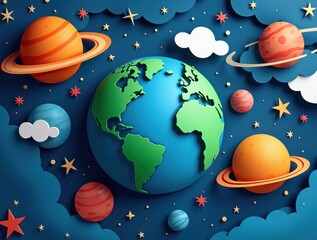Naklejka premium Paper-Cut Planet Earth in a Vibrant Galaxy