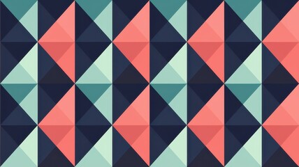 Geometric pattern featuring a vibrant palette of coral, teal, and navy blue, creating a visually striking composition of diamonds and triangles.