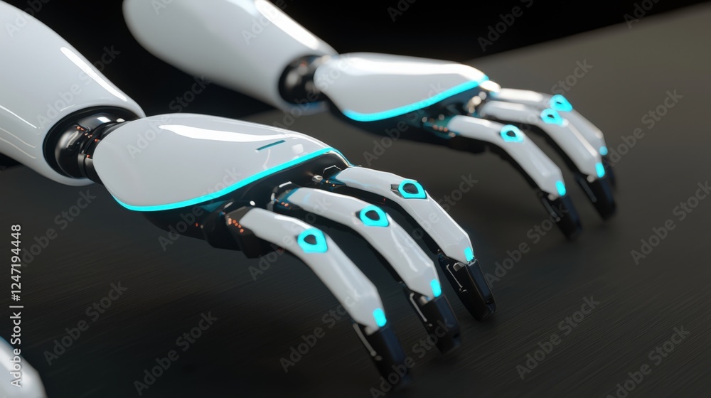 Poster innovative robotic hand design demonstration tech lab product showcase futuristic environment close-