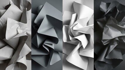 Obraz premium A striking collection of crumpled paper textures in varying shades of gray, showcasing dynamic shapes and intricate details that create a captivating visual effect.