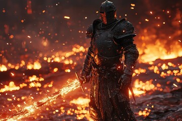 A lone warrior in heavy armor standing amidst a burning battlefield, sword drawn.