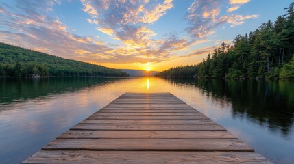 Obraz premium Serene sunset over calm lake, wooden dock, forest backdrop; ideal for travel brochures