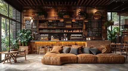 A charming coffee shop with a mix of modern and rustic elements, including plush sofas, ambient lighting, and a display of coffee and pastries