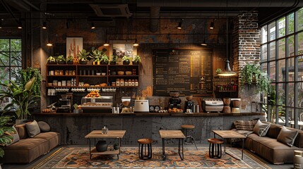 A charming coffee shop with a mix of modern and rustic elements, including plush sofas, ambient lighting, and a display of coffee and pastries