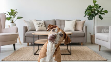 A curious brown and white dog peers inquisitively in a cozy living room setting, adding warmth to the inviting interior.
