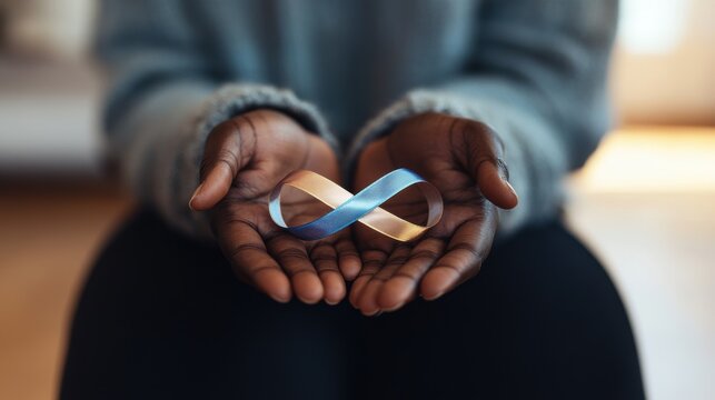 Hands hold a blue and yellow awareness ribbon for developmental disabilities at an inclusive event during awareness month