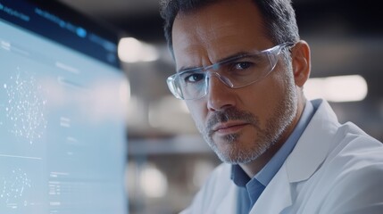 Scientist in a lab coat and safety glasses analyzing complex data on a computer screen, focusing on scientific research and technological innovation in a laboratory setting