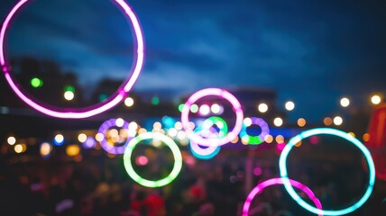 Colorful glowing circles create a magical atmosphere at a vibrant outdoor party during twilight, filled with lively lights and joyful energy.