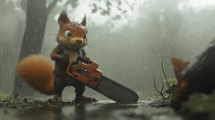 A cartoonish squirrel wielding a chainsaw in a misty, forested environment.
