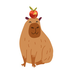 Vector funny capybara in flat design. Amusing capibara character with apple on his head. South American adorable animal.