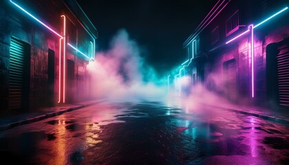 3D rendering old wet asphalt neon lights street with smoke on black background