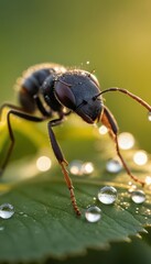 Naklejka premium A stunning macro shot of a black ant drinking a dewdrop from a fresh green leaf, illuminated by golden sunlight. The intricate details of its exoskeleton and antennae are visible.