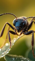 Fototapeta premium A stunning macro shot of a black ant drinking a dewdrop from a fresh green leaf, illuminated by golden sunlight. The intricate details of its exoskeleton and antennae are visible.
