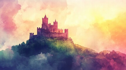 Fototapeta premium Majestic castle on a hilltop surrounded by colorful skies at sunset in a dreamy watercolor illustration. Generative AI