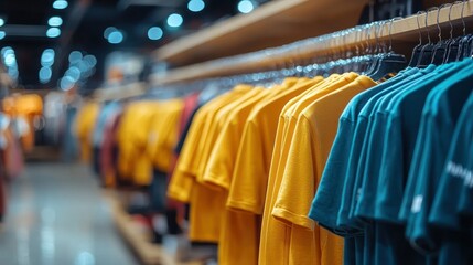 Colorful t-shirts hanging retail store display