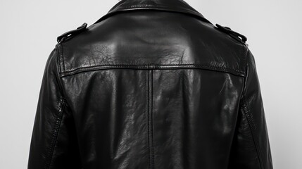 A black leather jacket viewed from the back, showcasing its sleek design and texture.