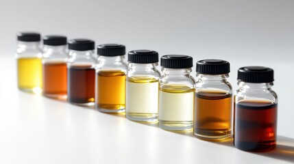 Close-up of a set of essential oils isolated on a white surface, ideal for aromatherapy product promotions.