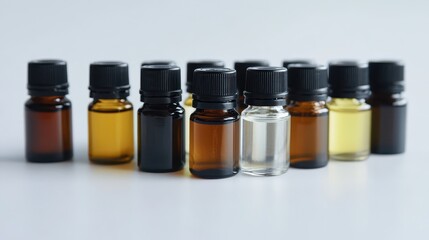 Close-up of a set of essential oils isolated on a white surface, ideal for aromatherapy product promotions.