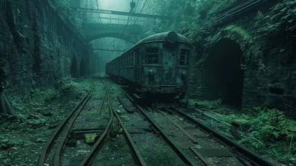 Naklejka premium An abandoned mine the rails overgrown with moss a _001