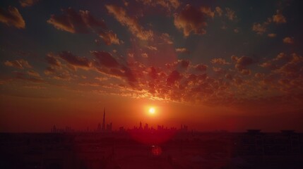 Obraz premium Stunning evening view of dubai s iconic skyline illuminated by vibrant city lights