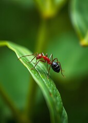 Fototapeta premium Red ant on green leaf in the garden macro shallow depth of field bokeh green bokeh green abstract background light bright blur pattern